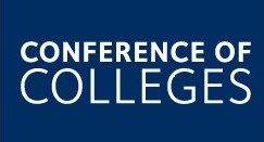 text conference of colleges in bold white text on blue background